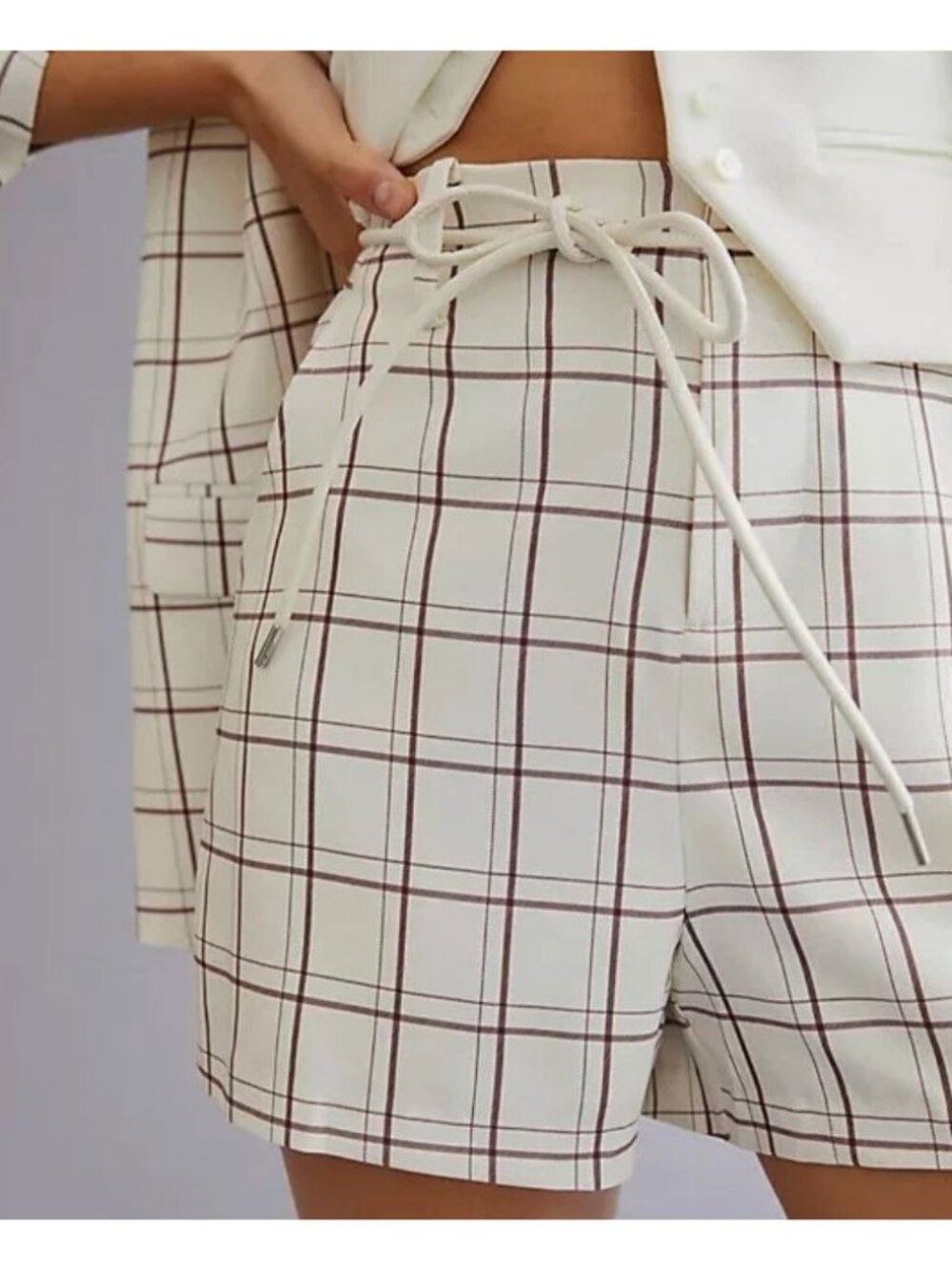 Mare Mare x Anthropologie Plaid High Rise Shorts Ivory Wine XS Belted